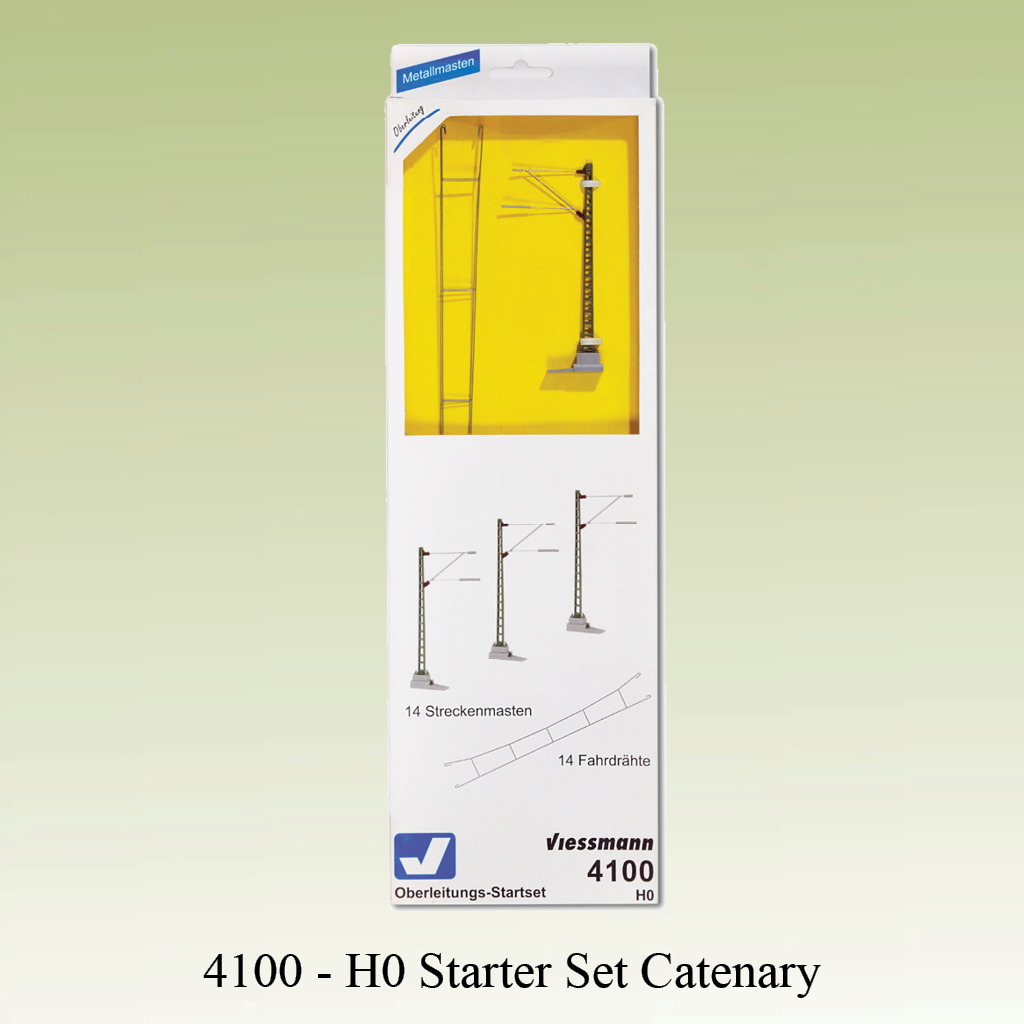 Image of a H0 scale catenary starter set by Viessmann. Viessmann 4100-H0 Starter set Catenary. Featuring wiring components and a display of various mast designs. Train Model & Railway Accessories available @ The Trainyard in Paarl, Cape Town. Catenary system for one oval track (112 cm x 76 cm), Consisting of 14 masts item 4110, 12 catenary wires 19 cm of item 4142, 2 catenary wires 36 cm of item 4143 and one height marker item 4196. To use the catenary system as a power supply, the following additional items are required: Power mast item 4111, fuse holder item 4188 with fuses, and Y-wires item 4170, which ensure a reliable connection between the wires.